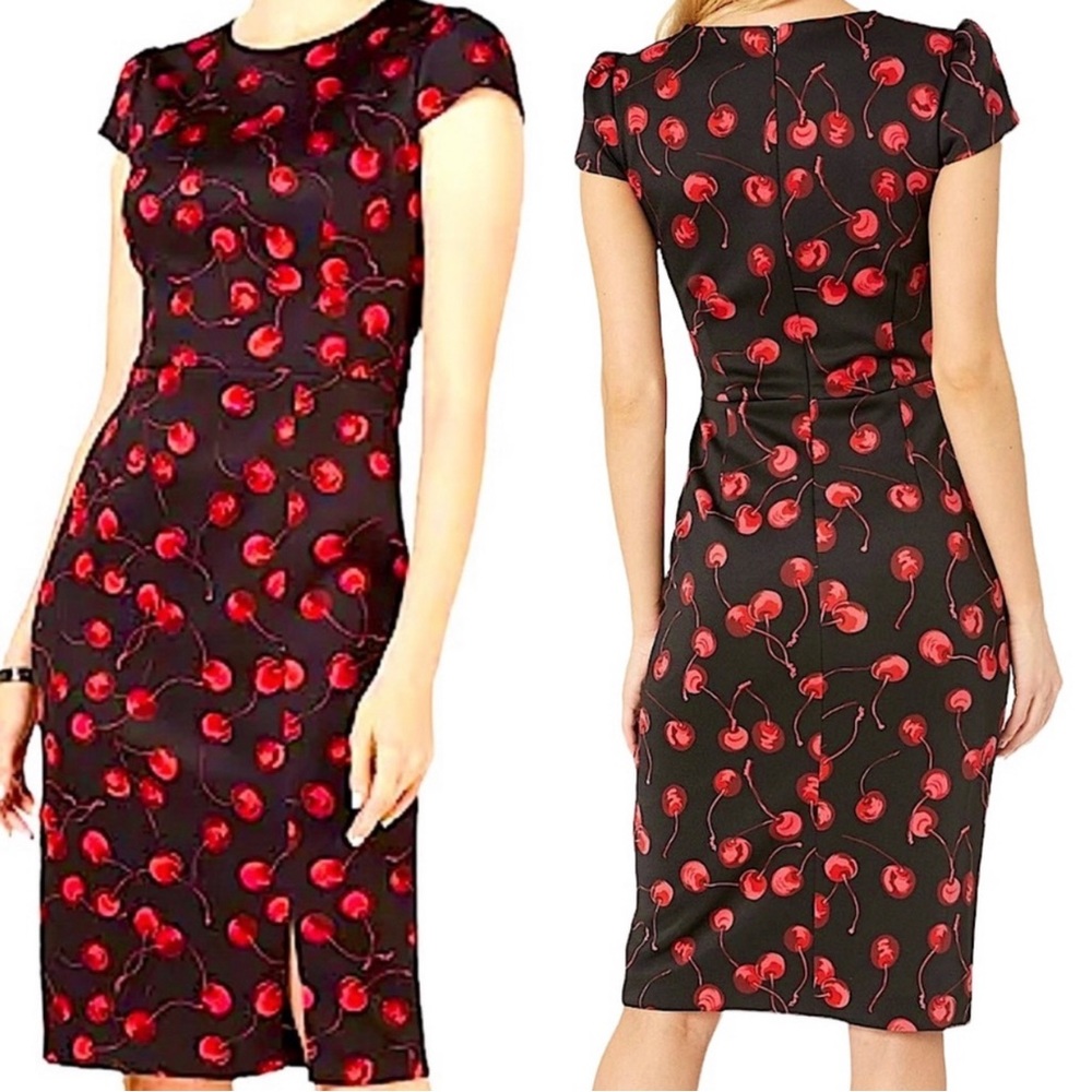 🆕 BETSEY JOHNSON  | CHERRY PRINT BLACK SHEATH DRESS 16W NWT 🍒